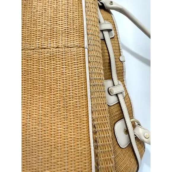 Michael Kors Straw Woven White Leather Shoulder Bag Gold Multiple Pockets - Picture 9 of 11